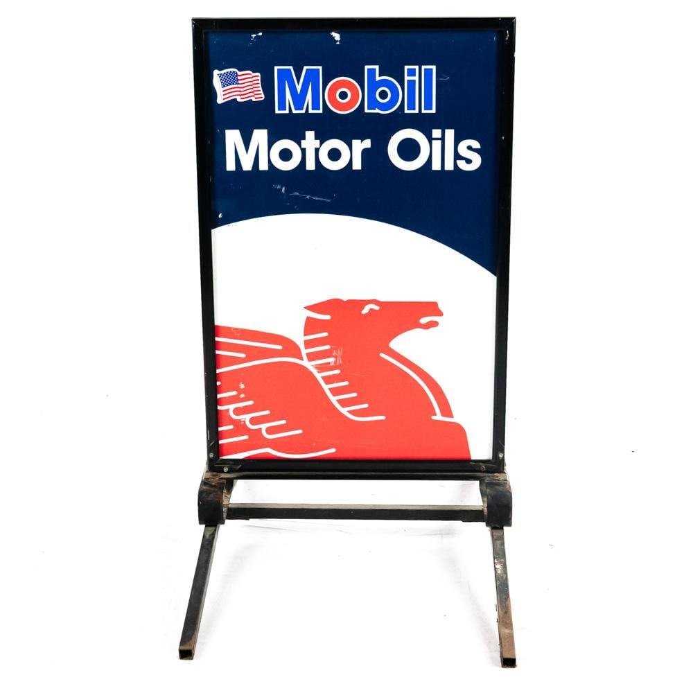 Mobil Oil Framed Roadway Sidewalk Advertising Sign: Mobil Motor Oil double sided roadway sidewalk advertising sign on framed base. Good overall condition with minor age and wear related cosmetic imperfections including discoloration, stray marks and