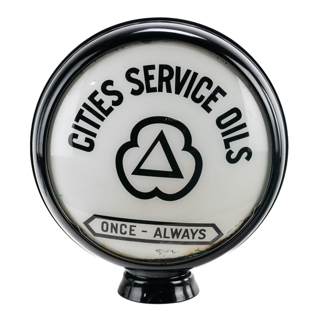 Cities Service Oil Once Advertising Gas Globe: Handsome 15" (diameter) stands 19" CITIES Service Oils; Once Always advertising glass gas globe. Presents well with some age and wear related blemishes such as discoloration such as peripheral stray