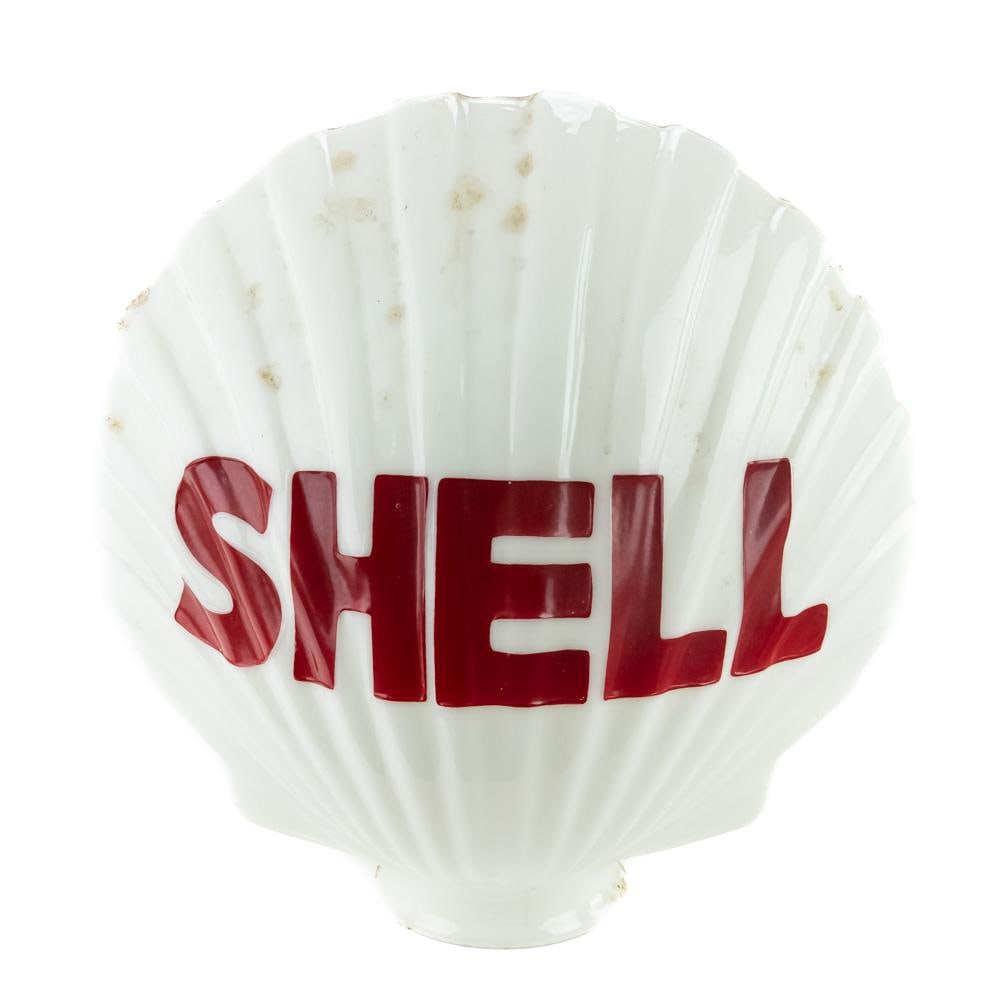19" SHELL "Clamshell" Advertising Gas Globe: 19" embossed one piece cast double sided SHELL advertising milk glass CLAMSHELL gas globe. Presents well with strong eye catching RED Lettering with some minor age and wear related blemishes