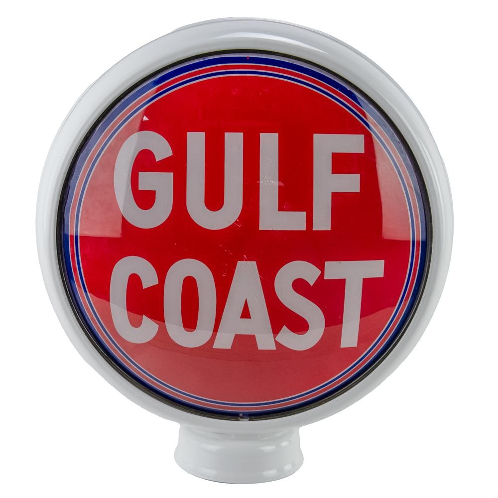 19" Gulf Coast Double Sided Advertising Gas Globe: 19" (stands) GULF COAST double sided advertising milk glass gas globe. Presents well with attractive bold color with some age and wear related blemishes including discoloration, stray marks/ surface
