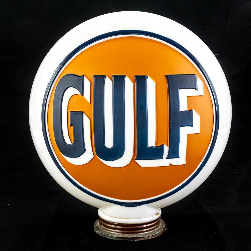 Gulf Gasoline Advertising Milk Glass Gas Globe: 18" one piece cast double sided GULF advertising milk glass globe. Presents well with strong eye catching color with some minor age and wear related blemishes including discoloration, stray marks/ sur