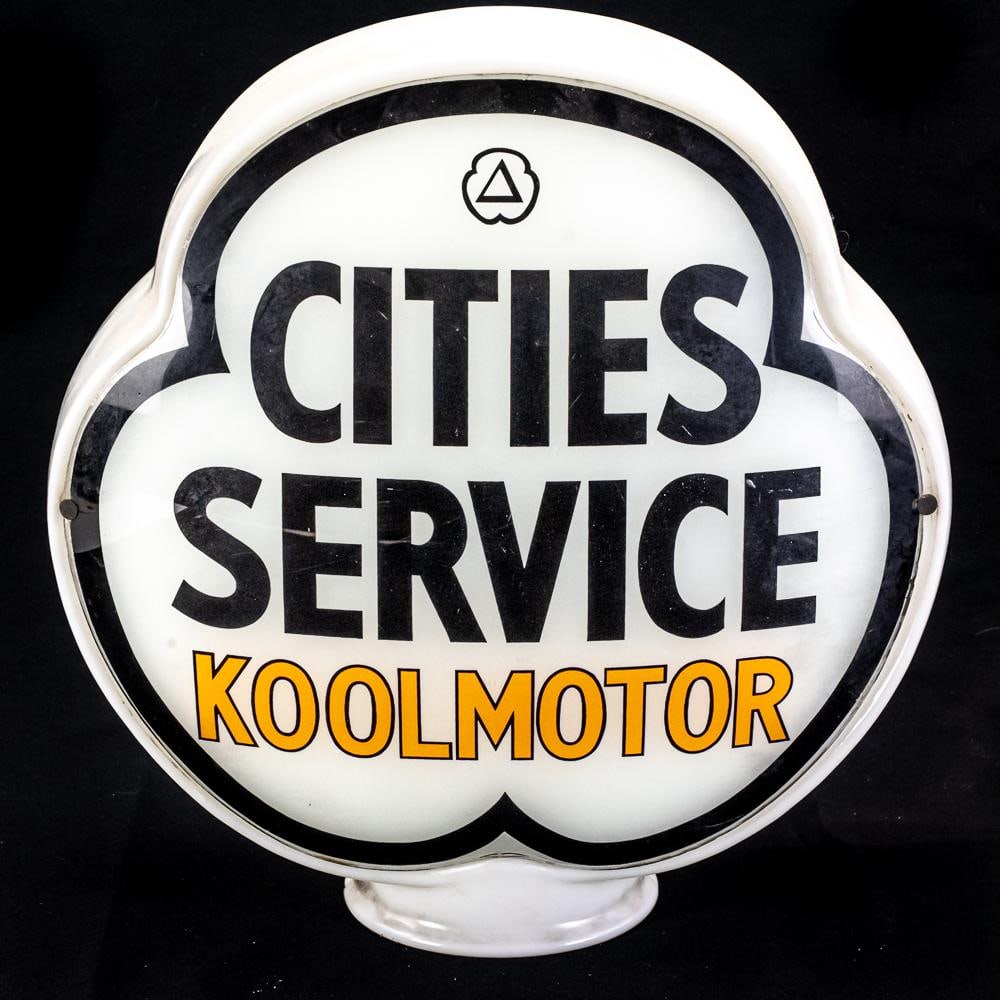 Cities Service Koolmotor Advertising Gas Globe: 18" Cities Service Koolmotor double sided advertising milk glass gas globe. Presents well with strong color with some minor age and wear related cosmetic blemishes including minor discoloration,
