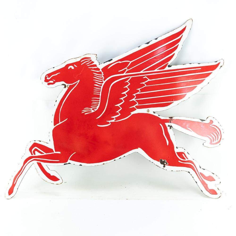 Mobil Pegasus SSP Diecut Advertising Sign: Vintage Mobil Pegasus left facing single sided porcelain die cut advertising sign. Presents very well with vibrant bold red color with good gloss. Good overall condition with some discoloration, stray