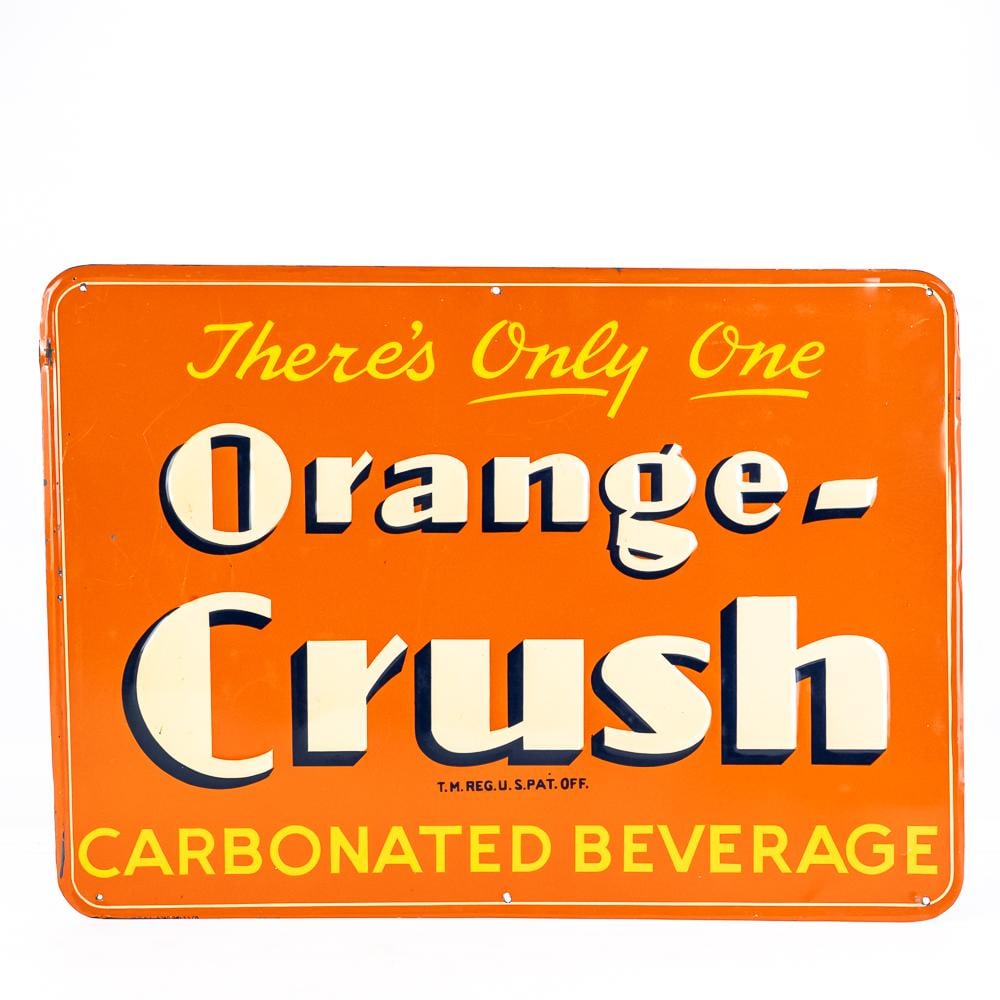 Orange Crush SST Embossed Advertising Sign: "There's Only One" Orange Crush single sided embossed tin advertising sign. Very good to good overall condition with some discoloration, stray marks and chipped paint. "Printed in the USA 8-740-941(?