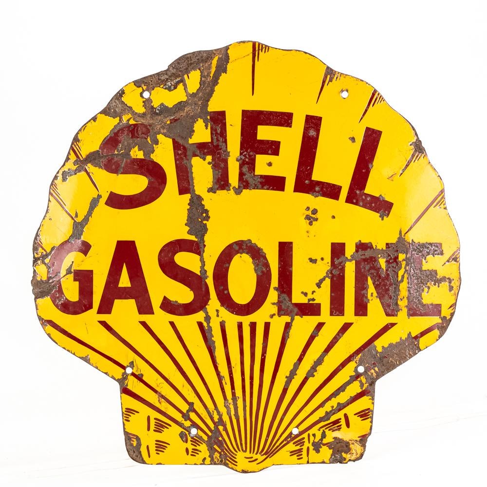 25" Shell Gasoline Clamshell DSP Advertising Sign: Scarce Early "Shell Gasoline" double sided die cut porcelain "shell clamshell" curb advertising sign. Good overall condition with age and wear related imperfections including moderate discoloration, s