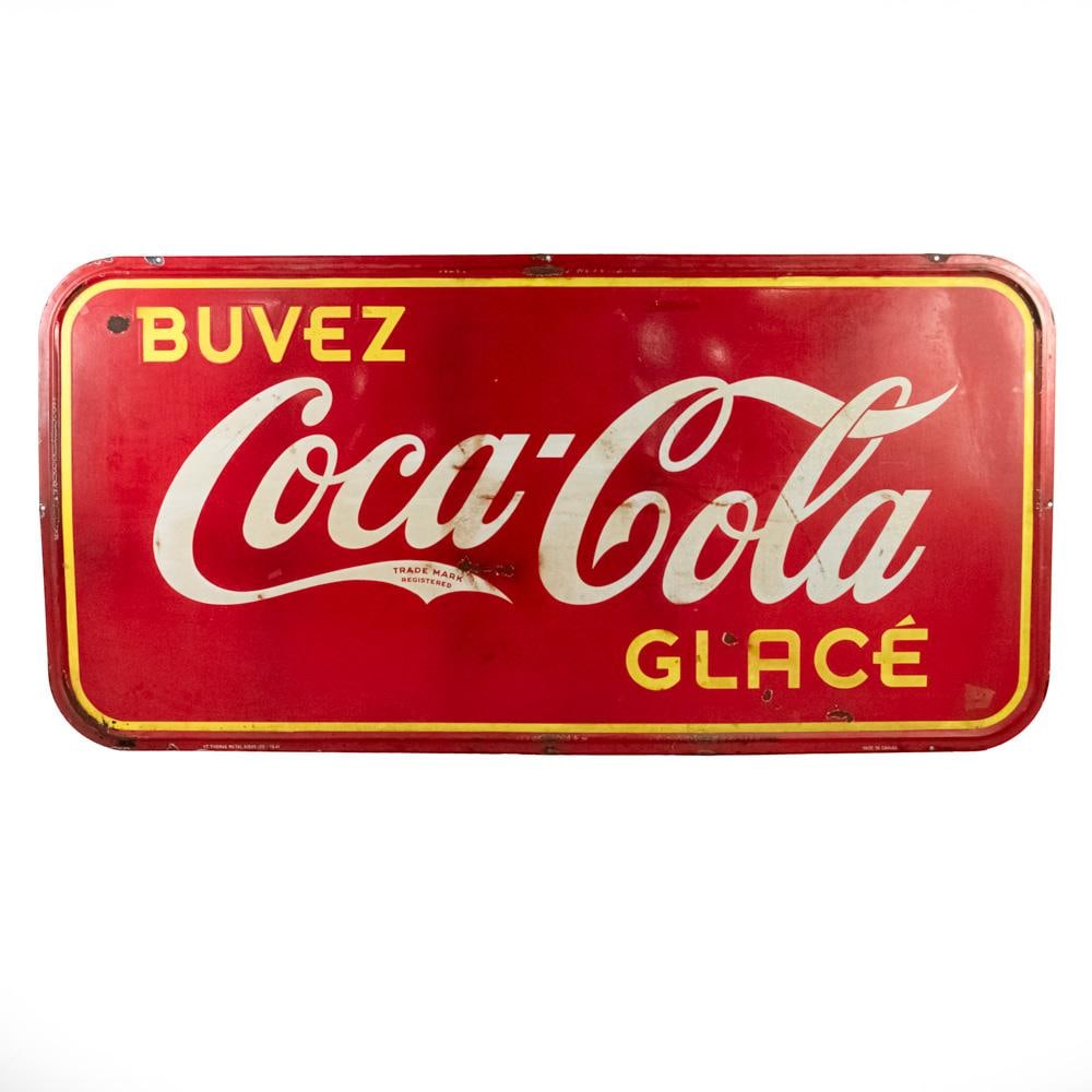 '41 St. Thomas Canadian Coca Cola Advertising Sign: Large & In Charge 1941 French Canadian Coca Cola Buvez Glace single sided porcelain advertising sign. "St. Thomas Metal Signs LTD 1941 & Made in Canada" near bottom edge. Presents well with bright