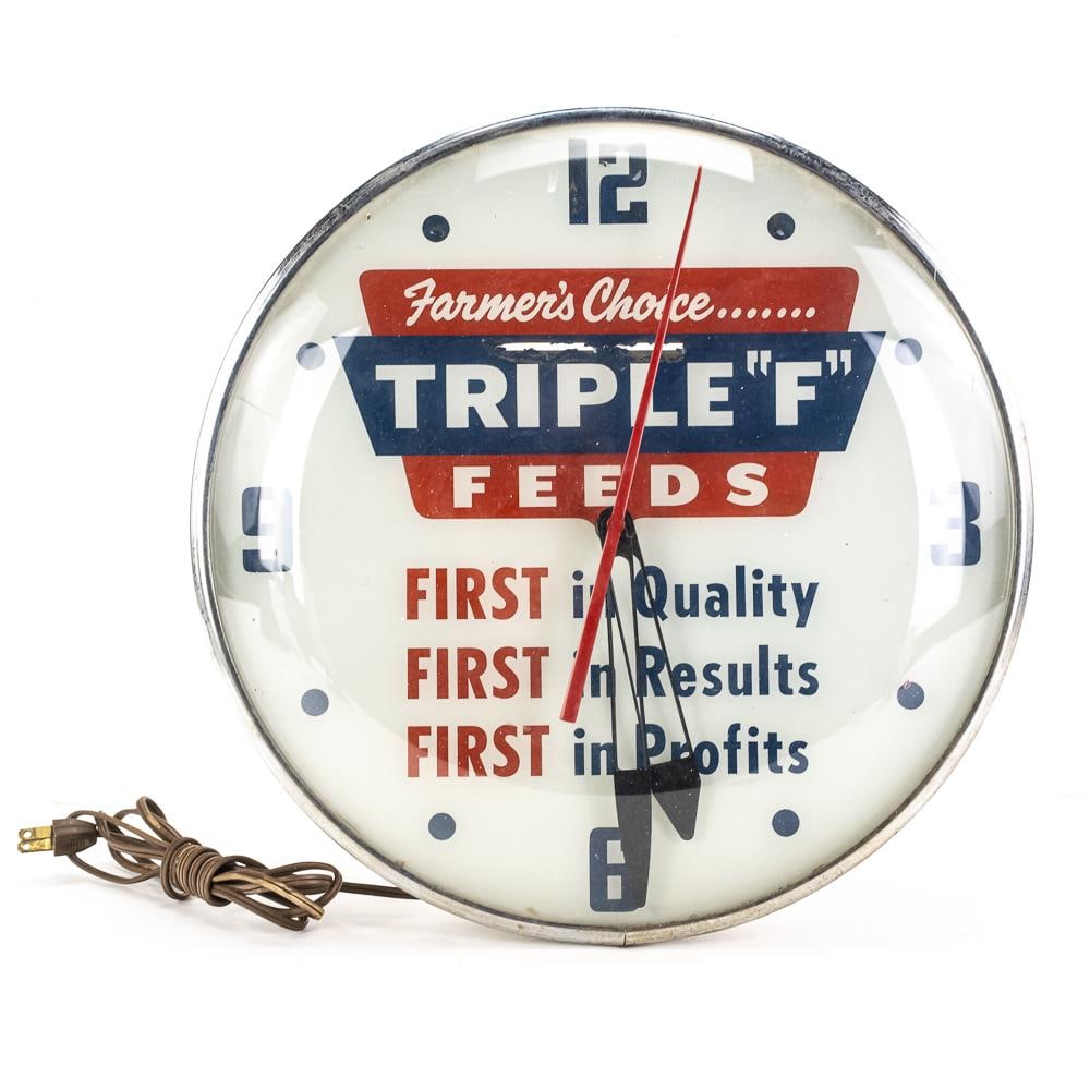 Vintage 16" Triple "F" Feeds Advertising Clock: 16" "Farmer's Choice Triple F Feeds" advertising clock by the PAM clock company. In good overall condition with some discoloration along stray marks: Centralized blemish above "Triple" on clocks field