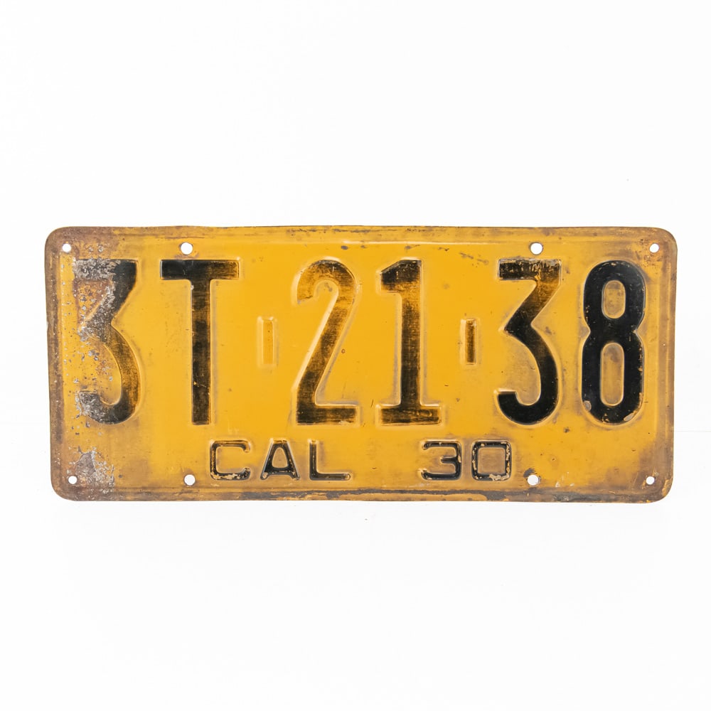 California 1930 License Plate: # 3T-21-38 in good original condition with paint loss to the left side. See pics. From the Jim Dvorak collection.