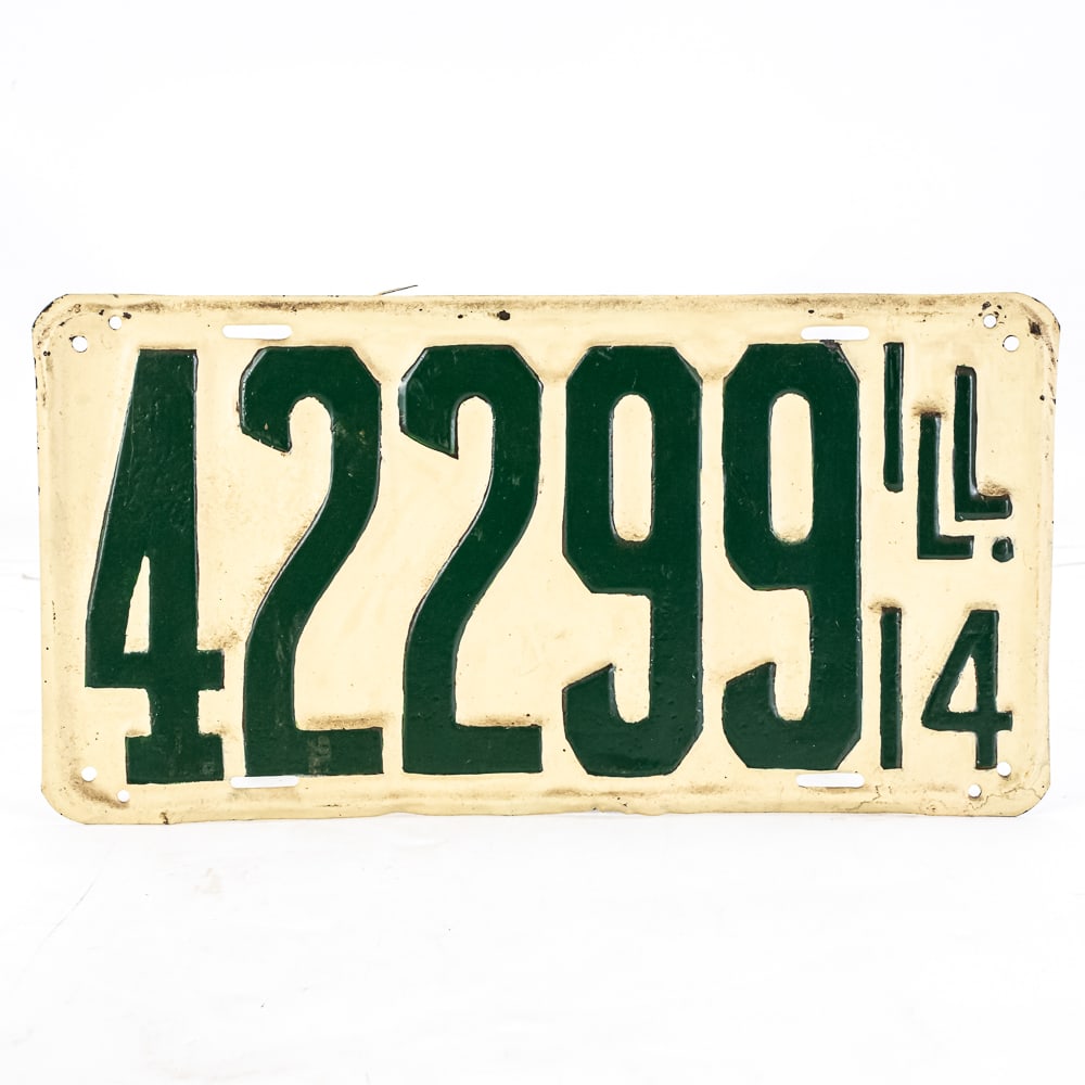 Illinois 1914 License Plate: # 42299 amateur repaint rear plate in fair condition. Plate has 5 extra holes drilled at all 4 corners and top center. See pics.