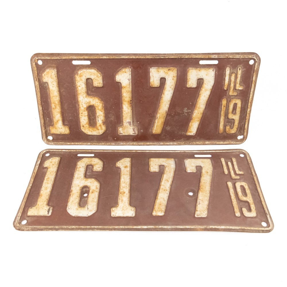 Illinois 1919 License Plate Pair: # 16177 pair in fair to good original condition with spotty rust and 2 extra holes in one plate by the 6 and second 7. See pics. From the Jim Dvorak collection.