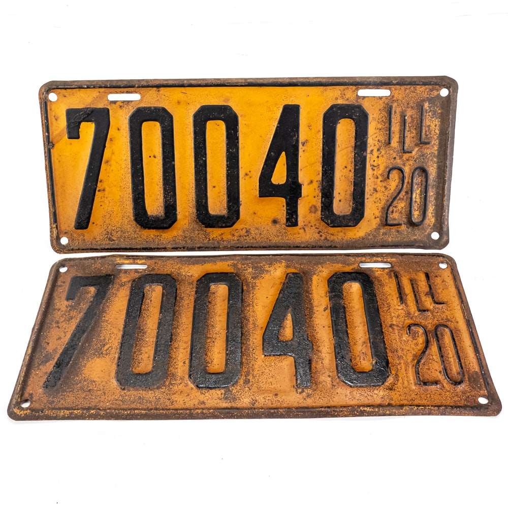 Illinois 1920 License Plate Pair: # 70040 pair in good original condition with paint loss and light rust. See pics.
