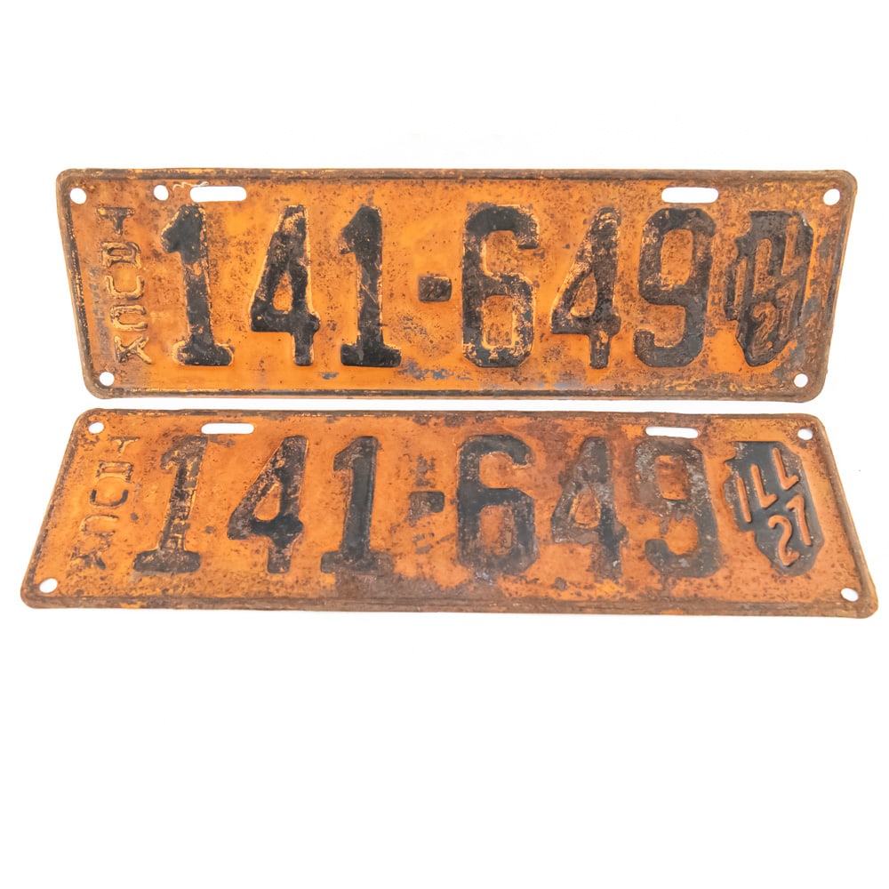 Illinois 1927 Truck License Plate: # 141-649 pair in fair original condition with heavy rusting. Good resto candidates. See pics. From the Jim Dvorak collection.