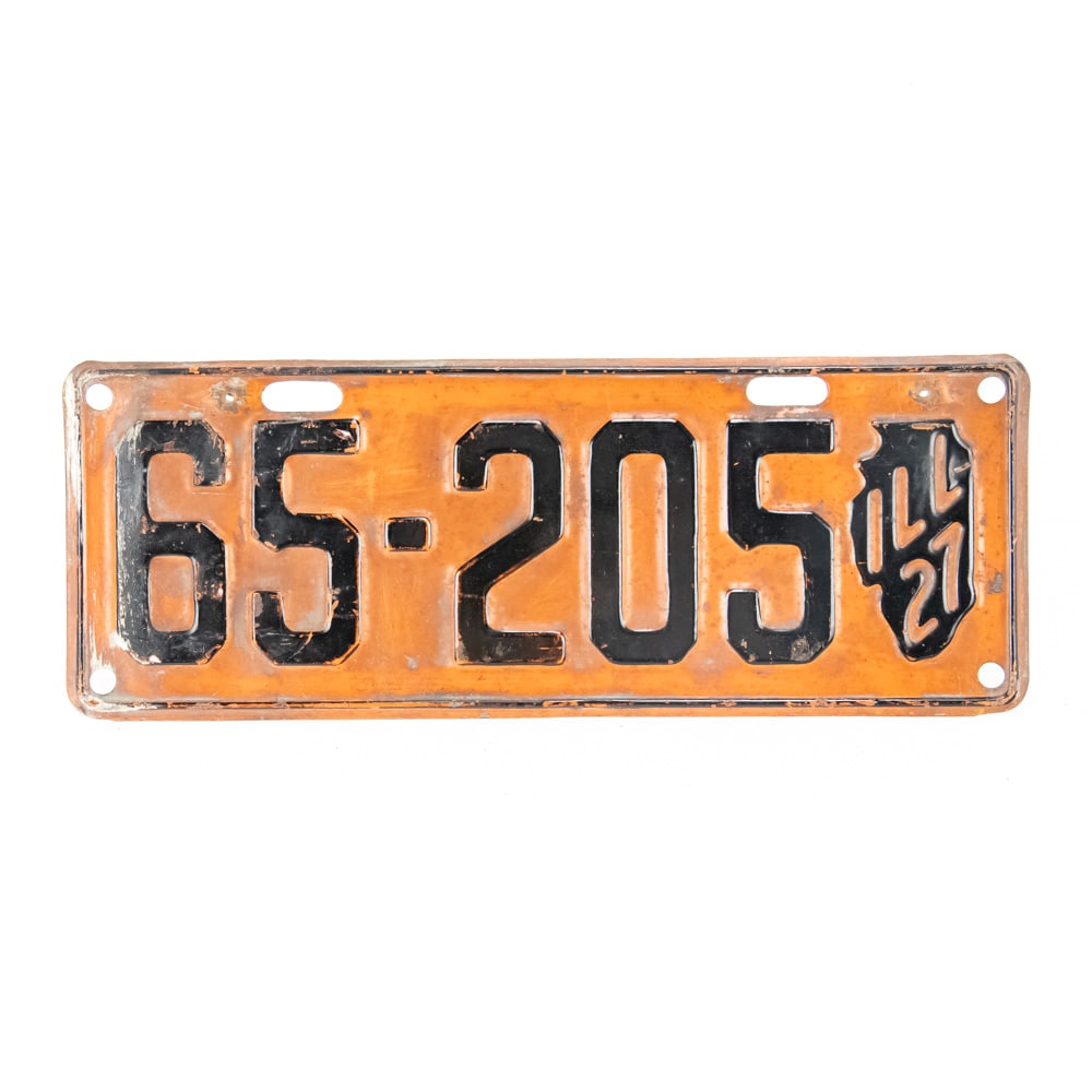 Illinois 1927 License Plate: # 65-205 in good original condition with slight paint loss to the left and 2 small nail holes across the top. See pics. From the Jim Dvorak collection.