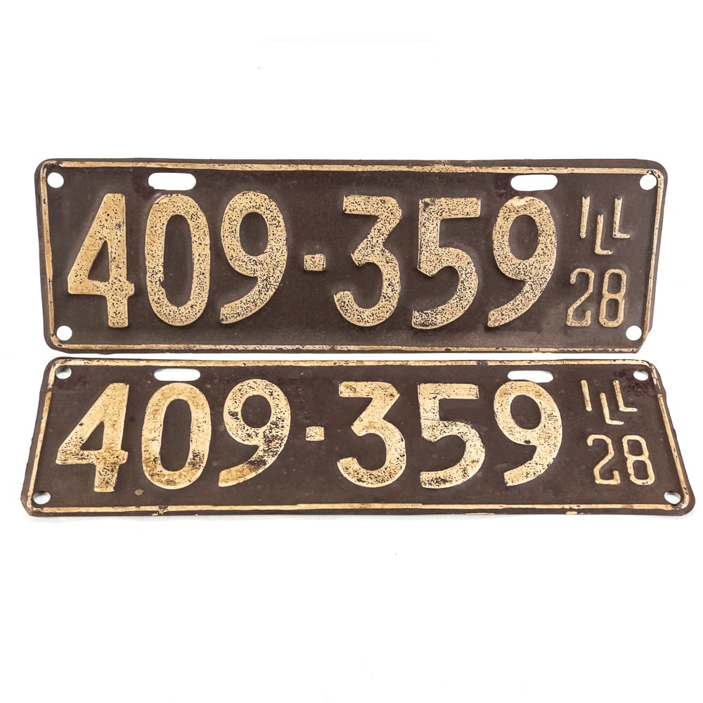 Illinois 1928 License Plate Pair: # 409-359 pair in fair to good original condition with paint fade and loss. See pics. From the Jim Dvorak collection