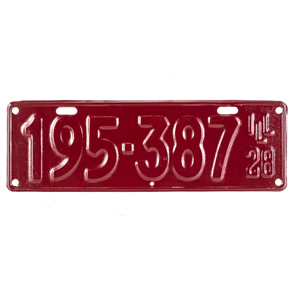 Illinois 1928 License Plate: # 195-387 partial repaint in fair condition on a corroded plate. Only the base coat of paint has been done. See pics. From the Jim Dvorak collection