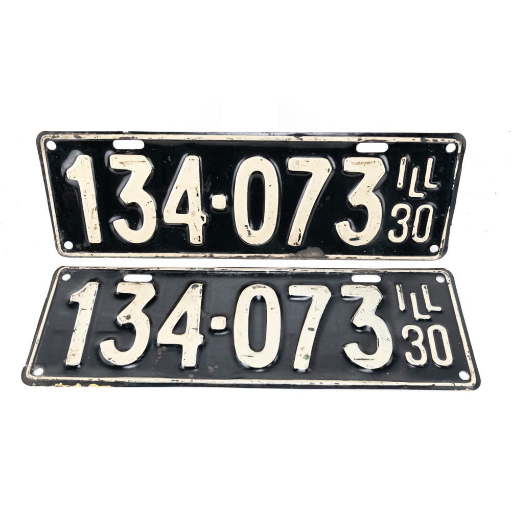 Illinois 1930 License Plate Pair: # 134-073 pair in good condition with minor paint loss to the numerals and rust along the bottom of one plate. See pics. From the Jim Dvorak collection.