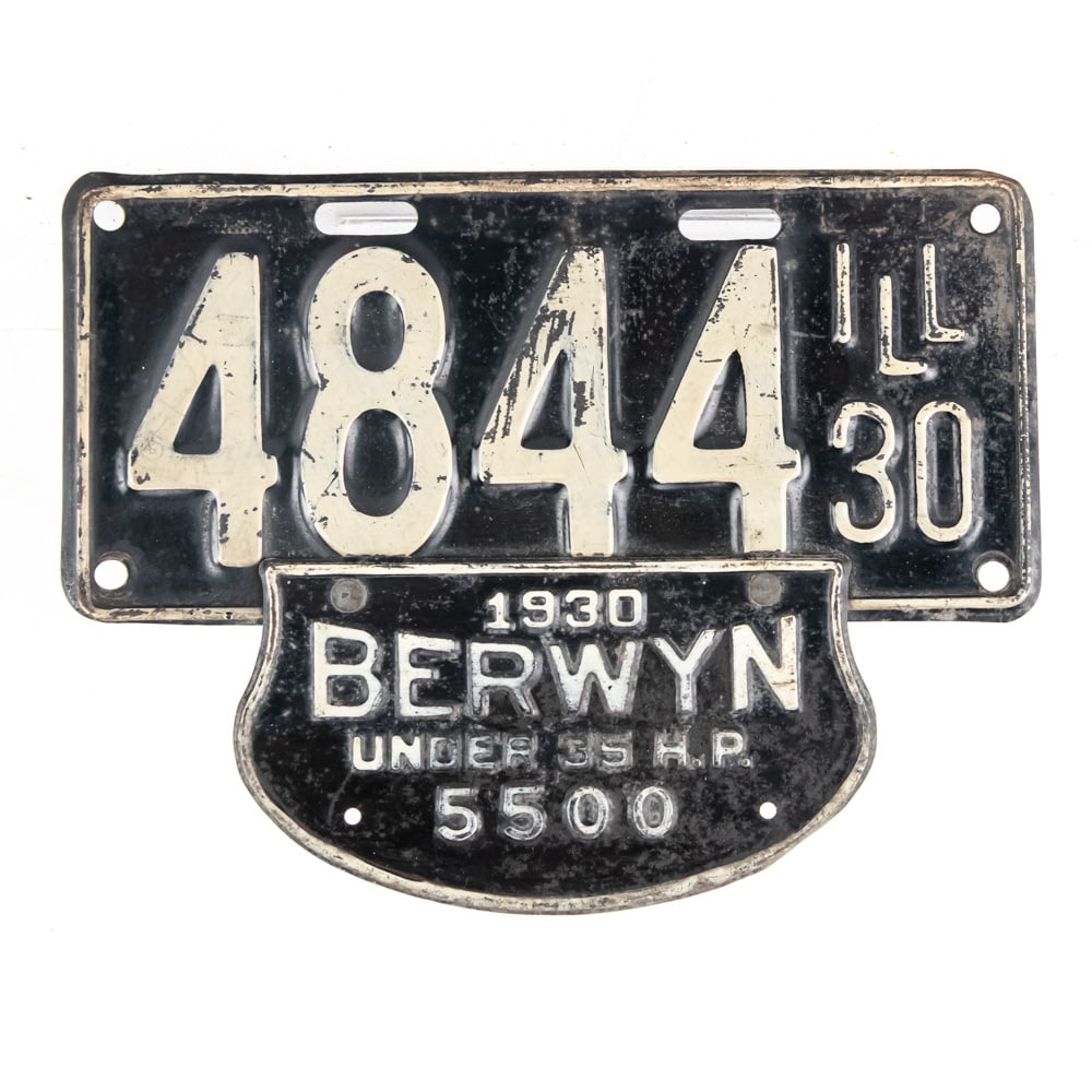 Illinois 1930 4 Digit License Plate W/ Berwyn Tag: # 4844 in good original condition with a 1930 Berwyn vehicle tag riveted to the bottom of the plate. See pics. From the Jim Dvorak collection.