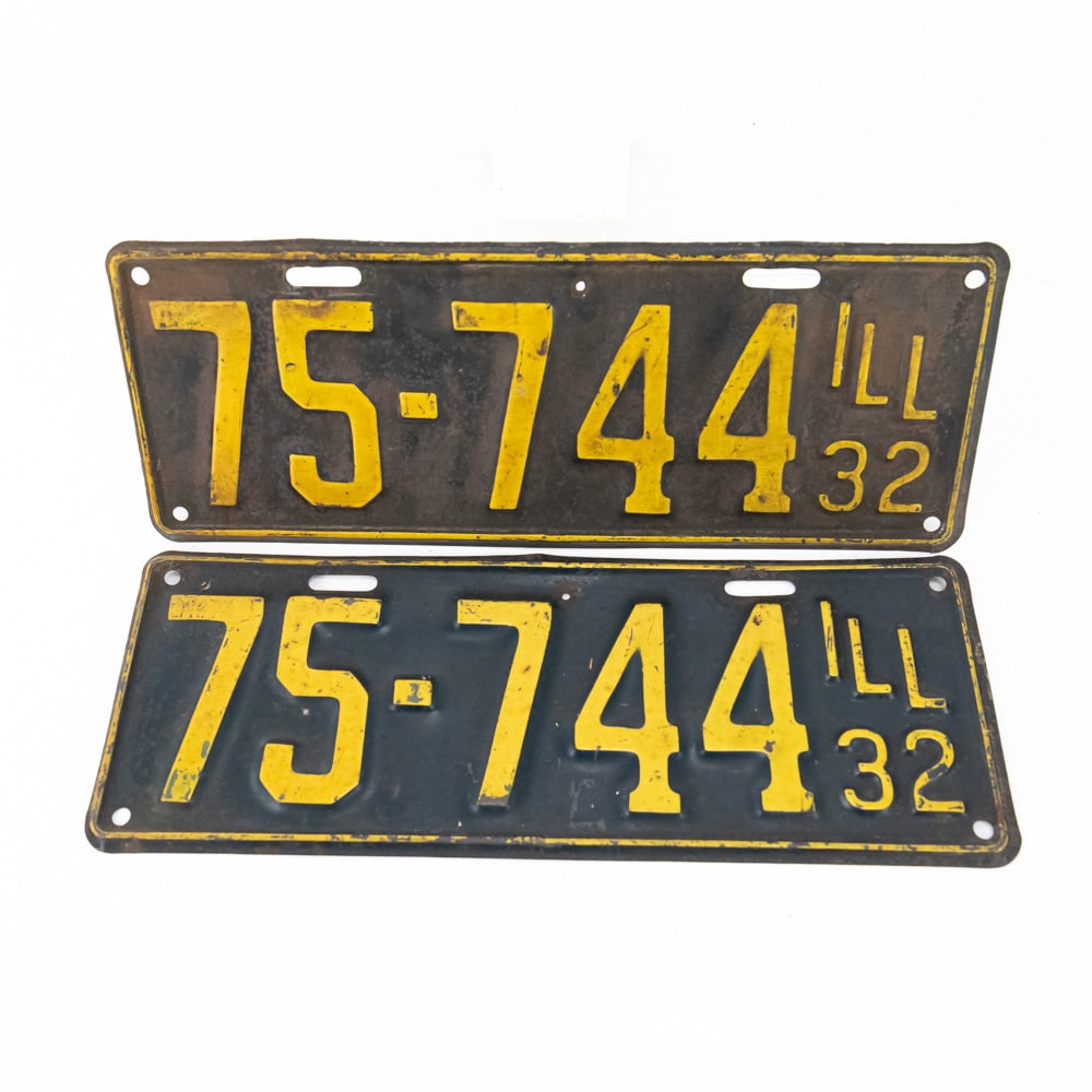 Illinois 1932 License Plate Pair: # 75-744 pair in good original condition with a small nail hole top center of both plates. See pics. From the Jim Dvorak collection.