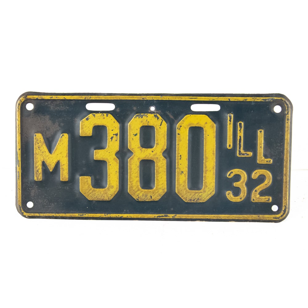Illinois 1932 Municipal License Plate: # M380 municipal plate in good+ condition with minor paint loss and an extra drill hole top center. Great for a vintage police car. See pics. From the Jim Dvorak collection.