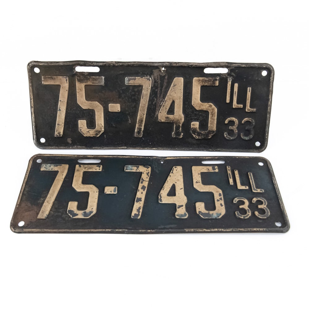 Illinois 1933 License Plate Pair: # 75-745 pair in fair original condition with paint loss and fade, and a small nail hole top center of both plates. See pics. From the Jim Dvorak collection.