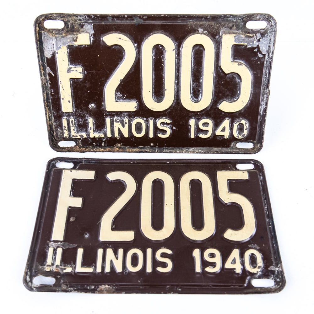 Illinois 1940 License Plate Pair: # F2005 pair in fair to poor condition condition with corrosion and a small nail hole to both plates. See pics.