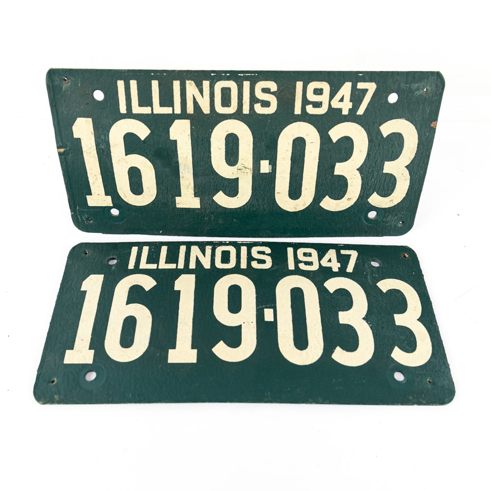 Illinois 1947 License Plate Pair: # 1619-033 in good original condition with small nail holes at all 4 corners on both plates.