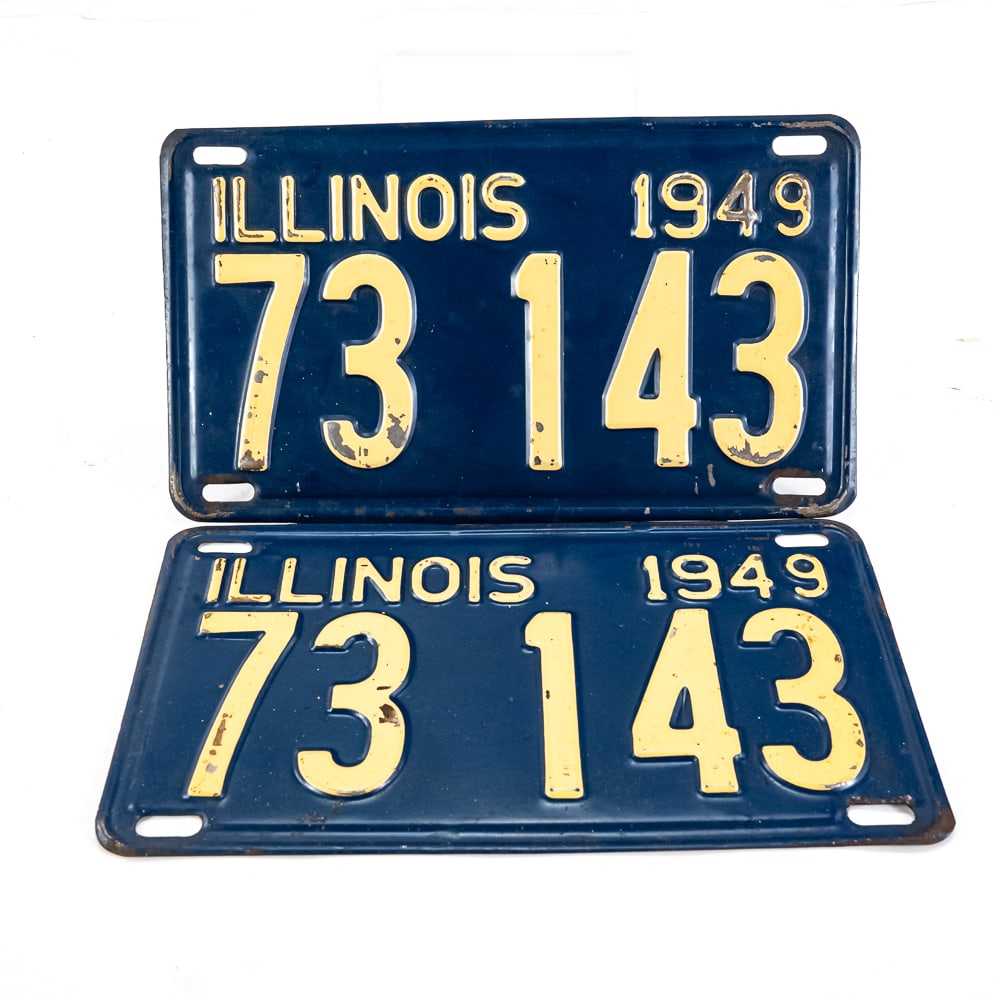 Illinois 1949 License Plate Pair: # 73 143 pair in good+ to VG originalcondition with some paint loss. See pics. From the Jim Dvorak collection.