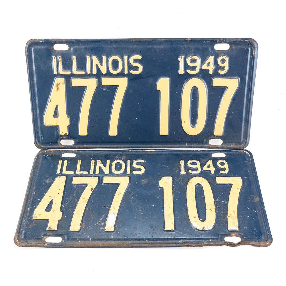 Illinois 1949 License Plate Pair: # 407 107 pair in good+ original condition with slight paint loss and minor edge rust. See pics. From the Jim Dvorak collection.