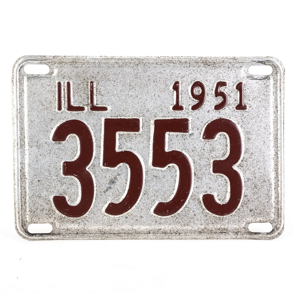 Illinois 1951 4 Digit License Plate: # 3553 in good original condition with light corrosion on the aluminum. See pics. From the Jim Dvorak collection.