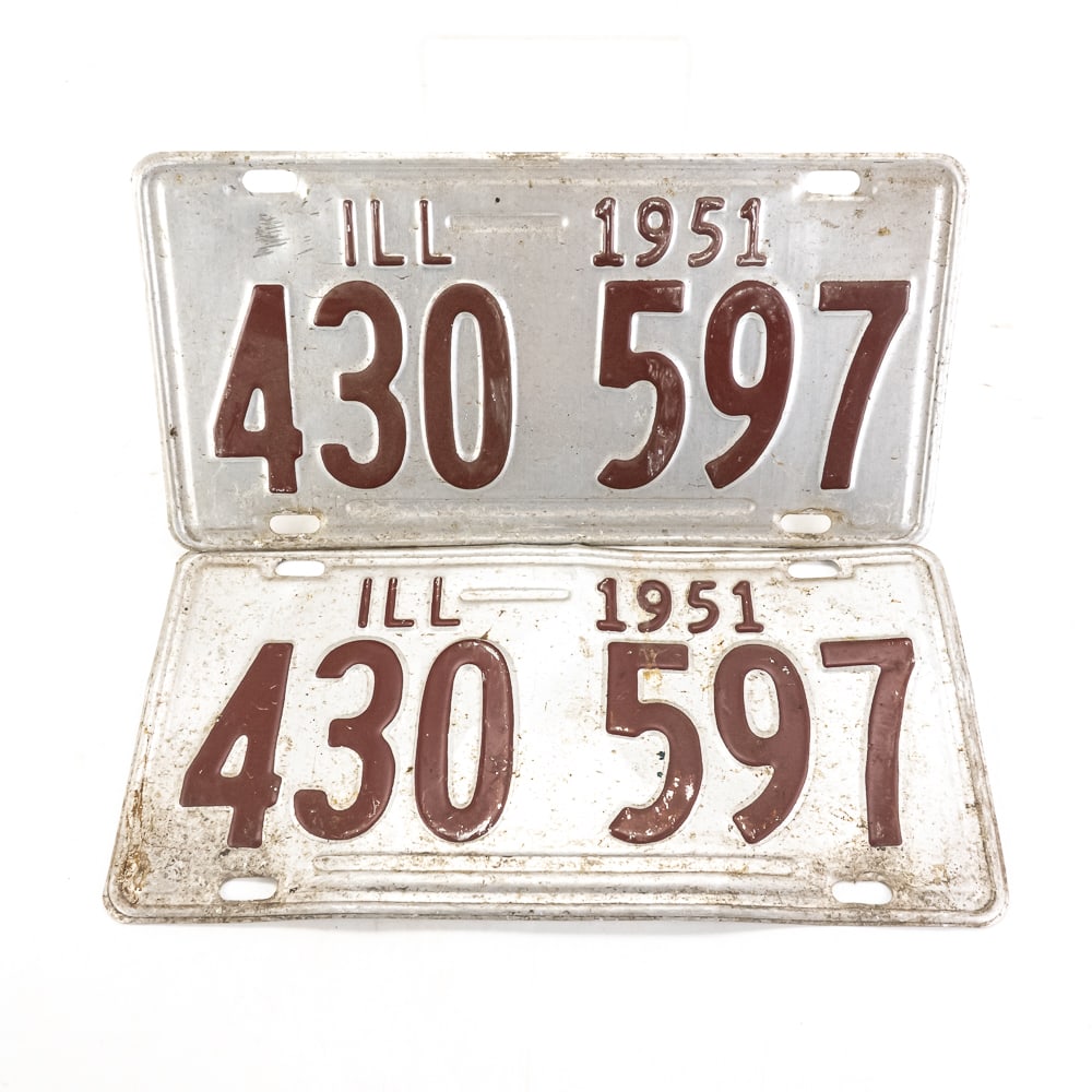 Illinois 1951 License Plate Pair: # 430 597 pair in good original condition with light corrosion to the aluminum. See pics. From the Jim Dvorak collection.