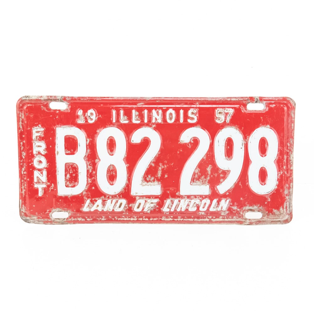 Illinois 1957 Truck Front License Plate: # B82 298 in good original condition with some corrosion to the aluminum. See pics. From the Jim Dvorak collection.