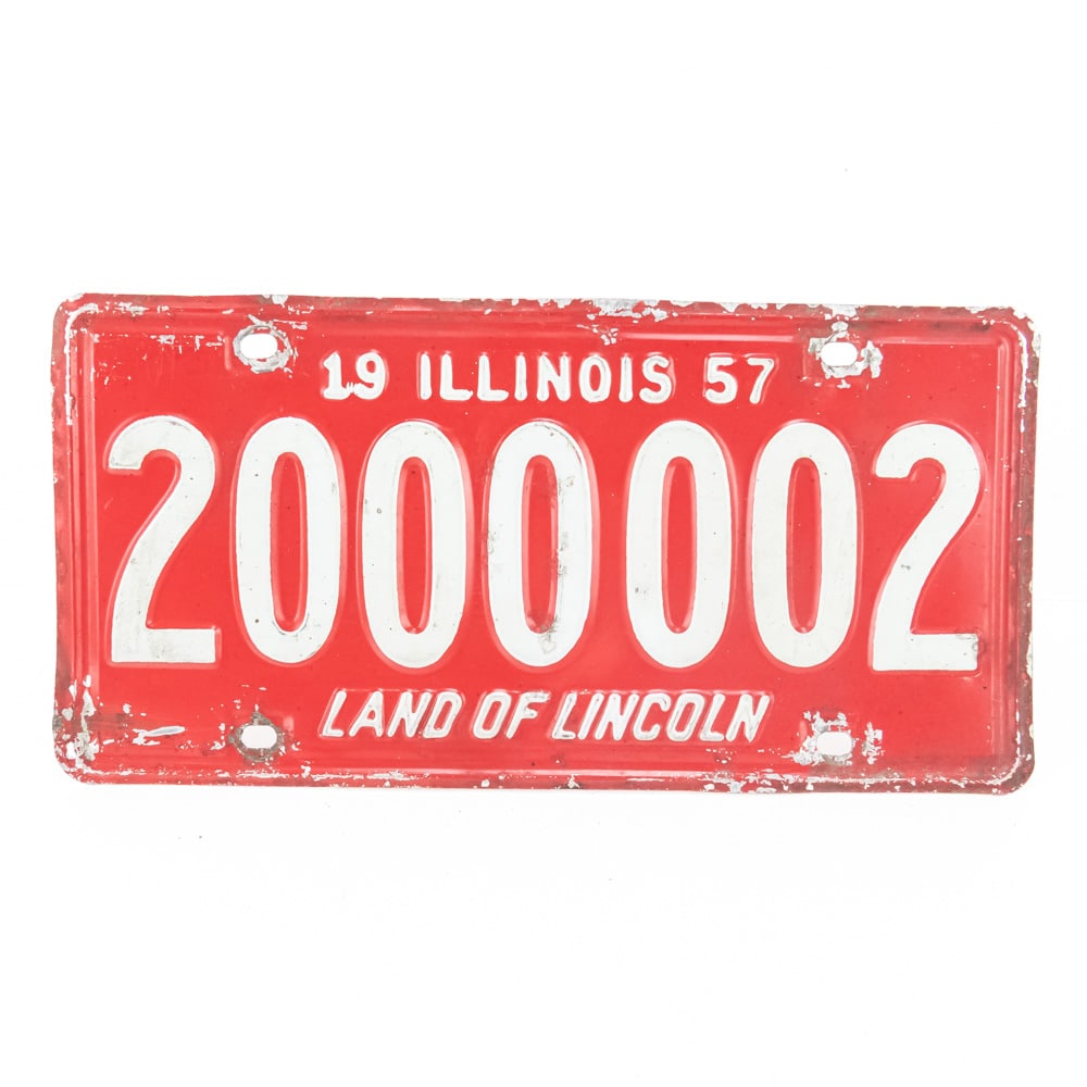 Illinois 1957 License Plate 2000002: # 2000002 in good original condition with some paint loss. See pics. From the Jim Dvorak collection.