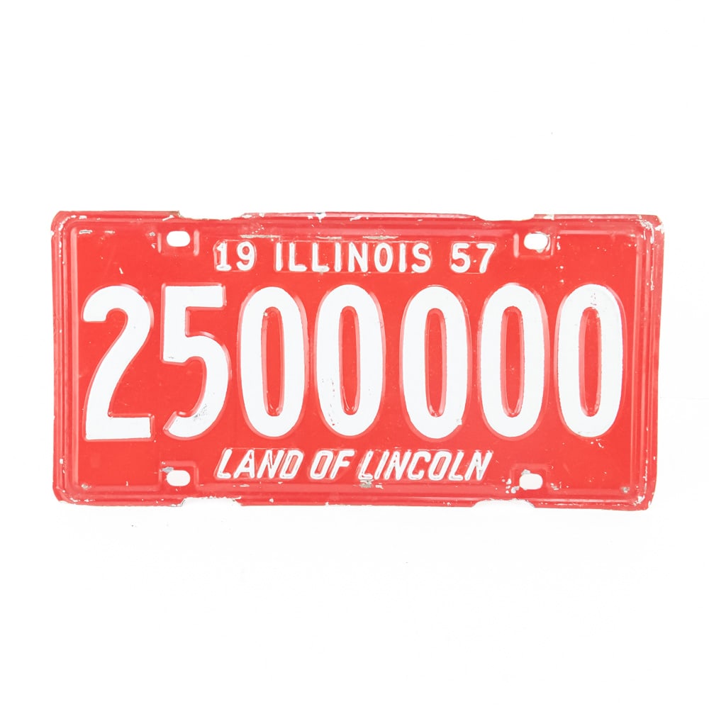 Illinois 1957 License Plate 2500000: # 2500000 in good original condition with notches in the edge by each mounting hole. Otherwise paint is VG. See pics. From the Jim Dvorak collection.
