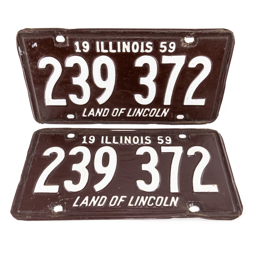 Illinois 1959 License Plate Pair: # 239 372 in fair original condition with light rust around the edges and mount hole damage. See pics