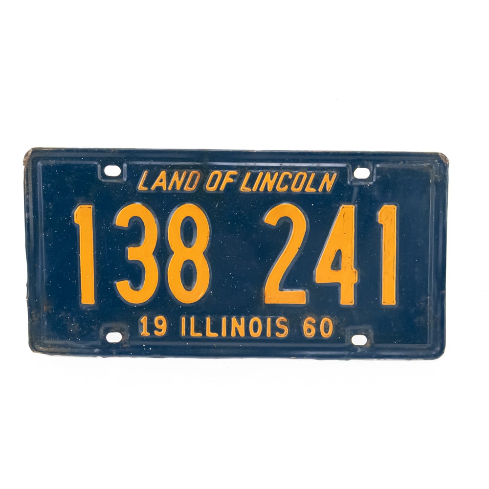 Illinois 1960 License Plate: # 138 241 in good original condition with very light rust on the edges, light paint splatters, and a couple of wrinkles. See pics. From the Jim Dvorak collection.