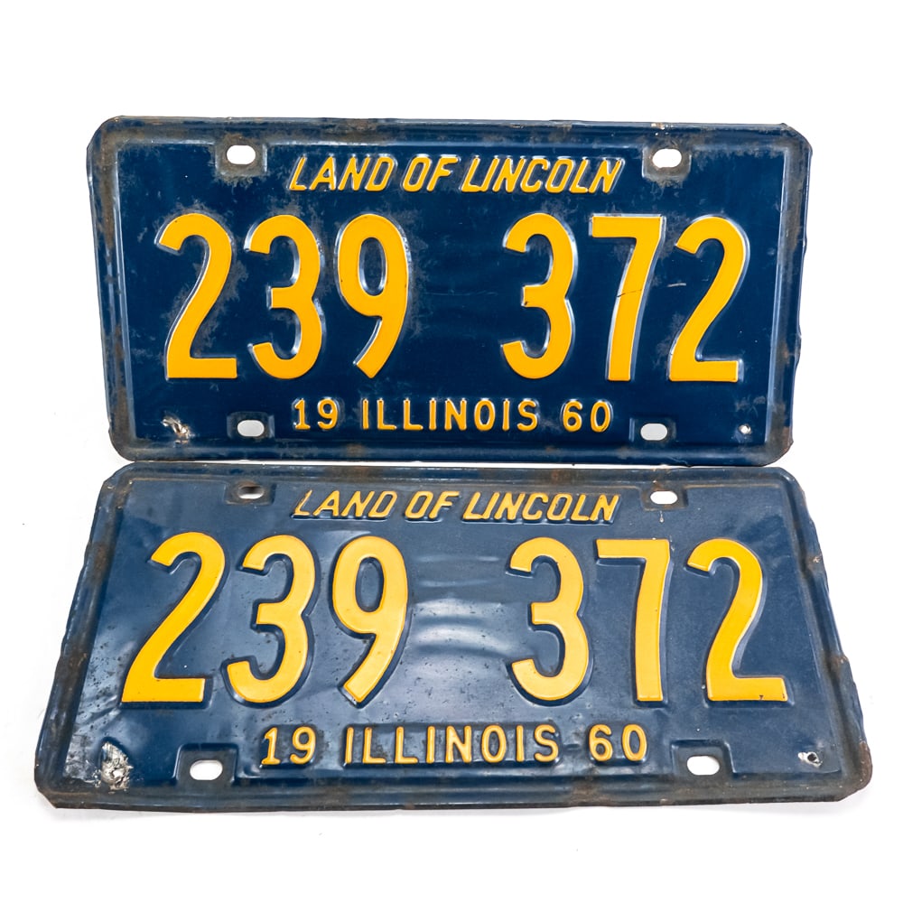 Illinois 1960 License Plate Pair: # 239 372 pair in fair original condition with 2 small nail holes in the bottom of each plate and light edge rusting. See pics.