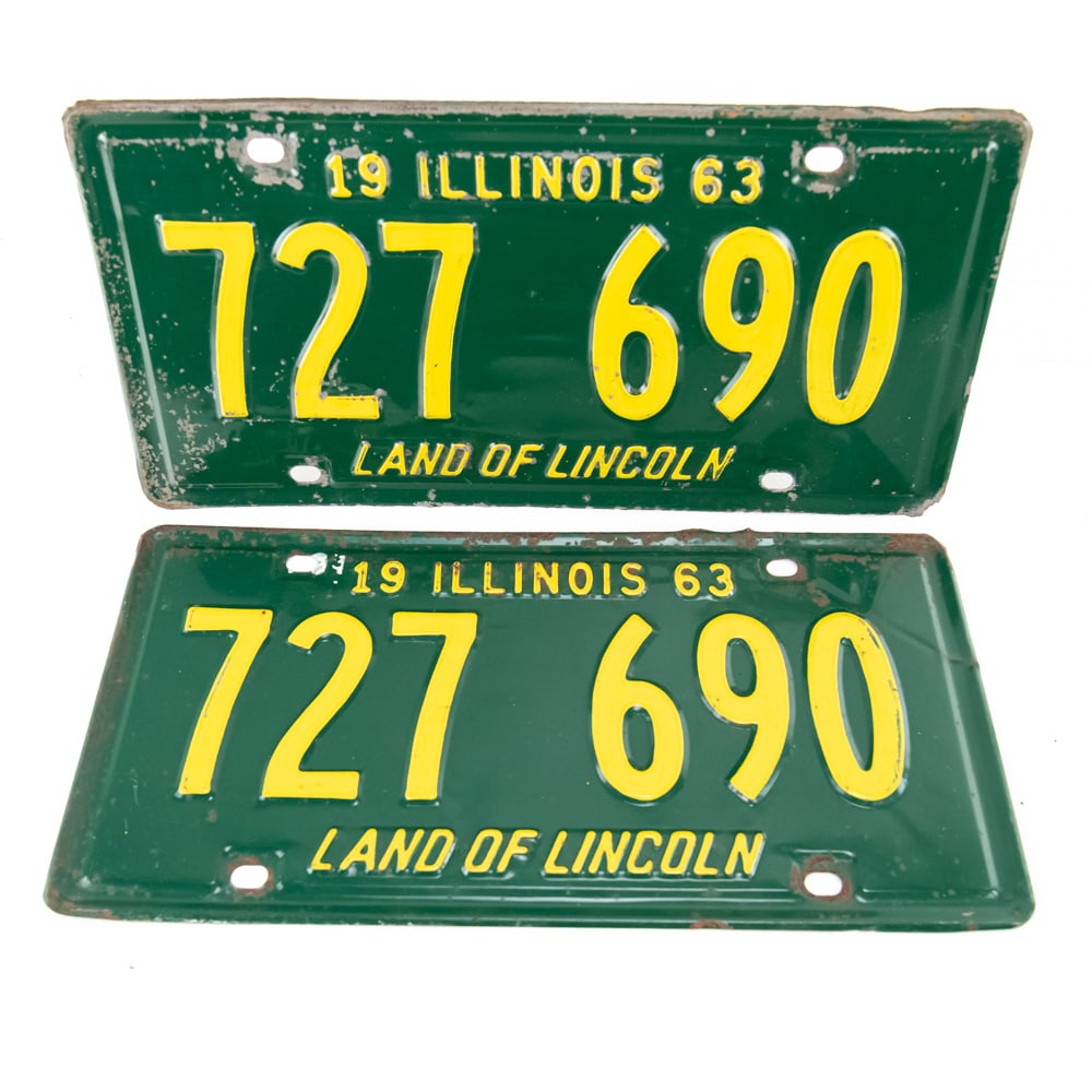 Illinois 1963 License Plate Pair: # 727 690 pair in good original condition with some paint loss and light rust around thebedges. See pics. From the Jim Dvorak collection.