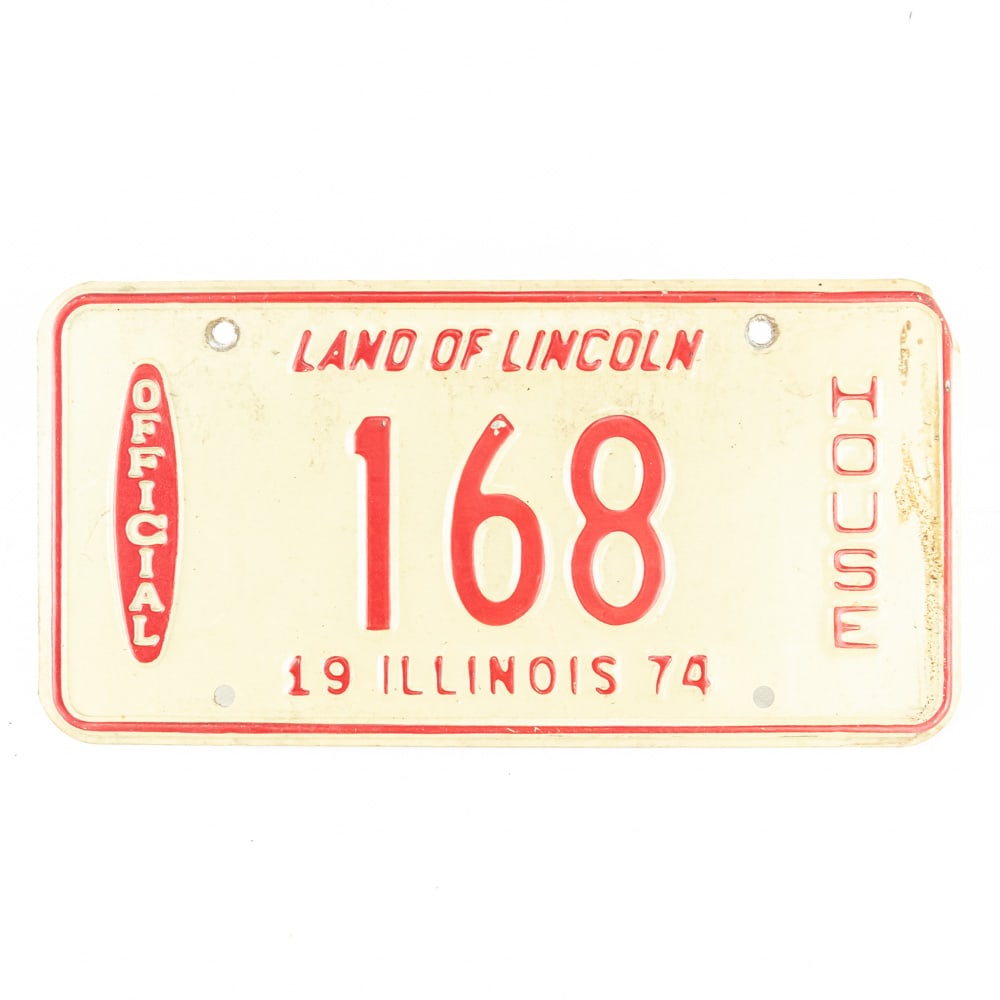 Illinois 1974 Official House License Plate: # 168 Official House plate in VG original condition. See pics. This plate was the personal license plate of George Ryan of Illinois who served as Illinois State Rep. including Speaker of the House, Lt