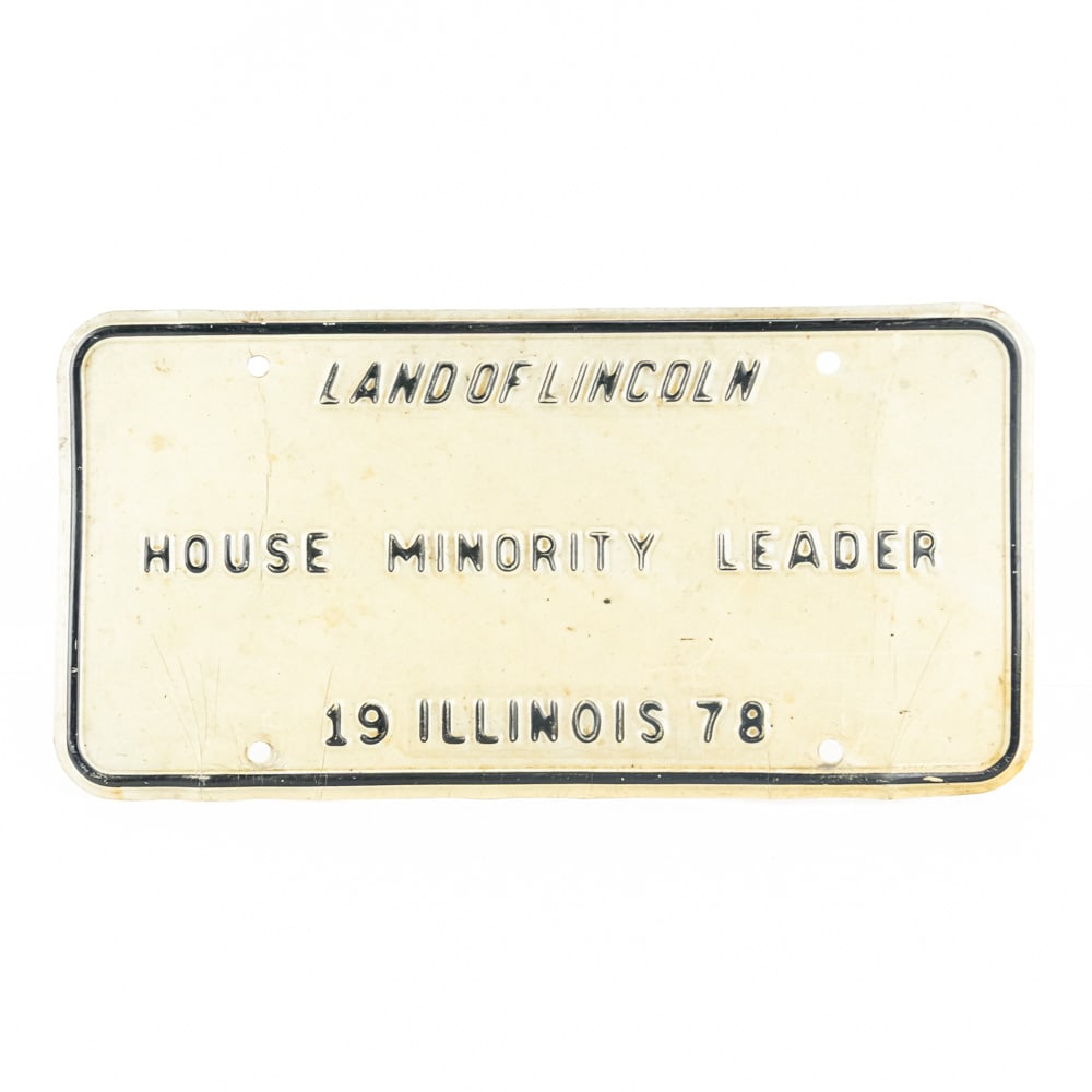 Illinois 1978 House Minority Leader License Plate: House Minority plate in goo+ original condition with a couple of bends and cracking paint. See pics. This plate was the personal license plate of George Ryan of Illinois who served as Illinois