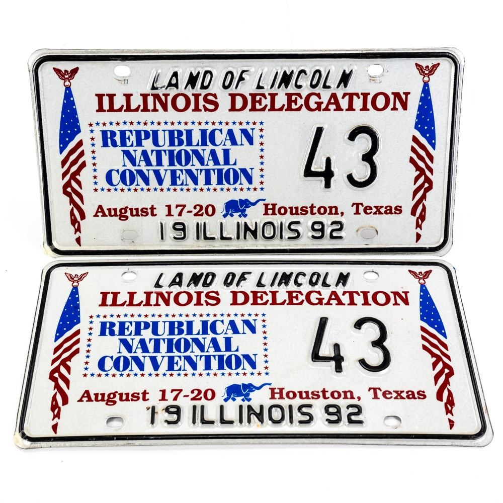 1992 RNC IL Delegation License Plate Set: Plate number '43' for the 1992 Republican National Convention held in Houston, TX August 17-20, 1992. In VG condition with minimal signs of use.