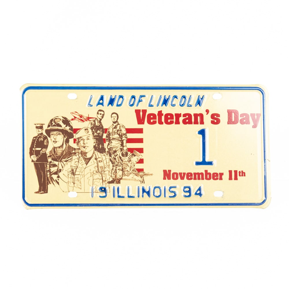 Illinois 1994 Veteran's Day License Plate # 1: # 1 Veteran's Day license plate in unused condition. From the Governor George Ryan collection.