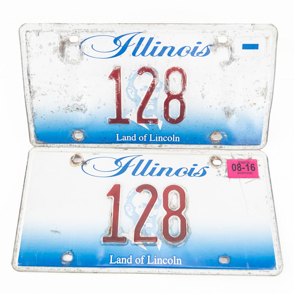 Illinois 2016 3 Digit License Plate Pair: # 128 pair in good original condition with the front plate having dents and corrosion. See pics. From the Gov. George Ryan collection.