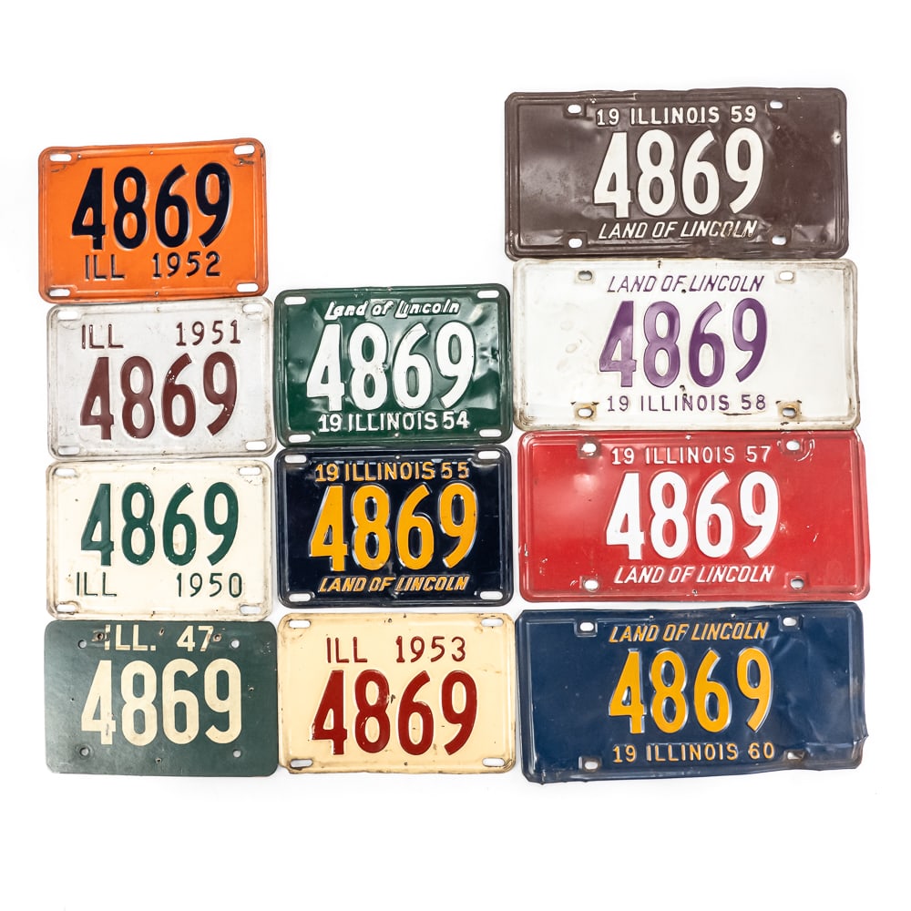 Illinois 1947-60 4 Digit Partial Plate Run: # 4869 partial plate run in good original condition with small nail holes at the top of each plate. Missing 1948, 49, 56 form the run. See pics. From the Jim Dvorak collection.