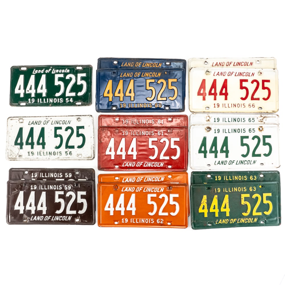 Illinois 1954-60 Partial License Plate Run: # 44425 partial run all in fair to good condition. Some singles, some pairs. Years include 1954 (1), 56 (1), 59 (2), 60 (2), 61 (2), 62 (2), 63 (2), 65 (2), 66 (2), See pics. From the Jim Dvorak colle