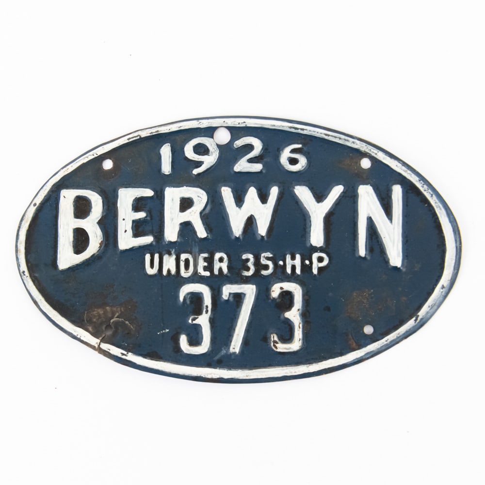 Berwyn Illinois 1926 Vehicle Tax Tag: # 373 repaint in fair condition with broken through bottom mounting holes. See pics. From the Jim Dvorak collection.