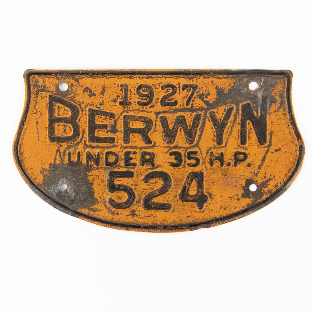 Berwyn Illinois 1927 Vehicle Tax Tag: # 525 in goodoriginal condition with 2 repaired mounting holes and some paint loss. See pics. From the Jim Dvorak collection.