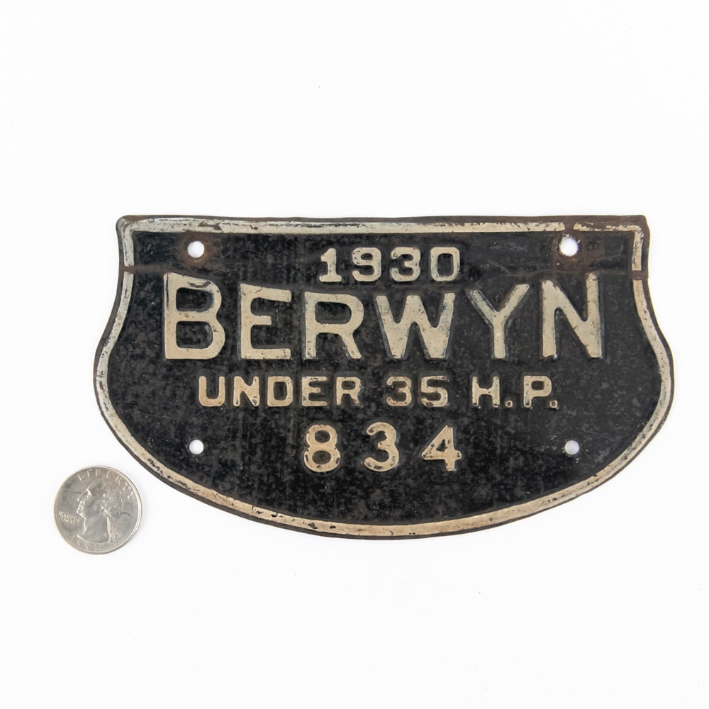Berwyn Illinois 1930 Vehicle Tax Tag: # 834 in good+ condition with paint loss and a horizontal wrinkle across the top below the mounting holes. See pics. From the Jim Dvorak collection.