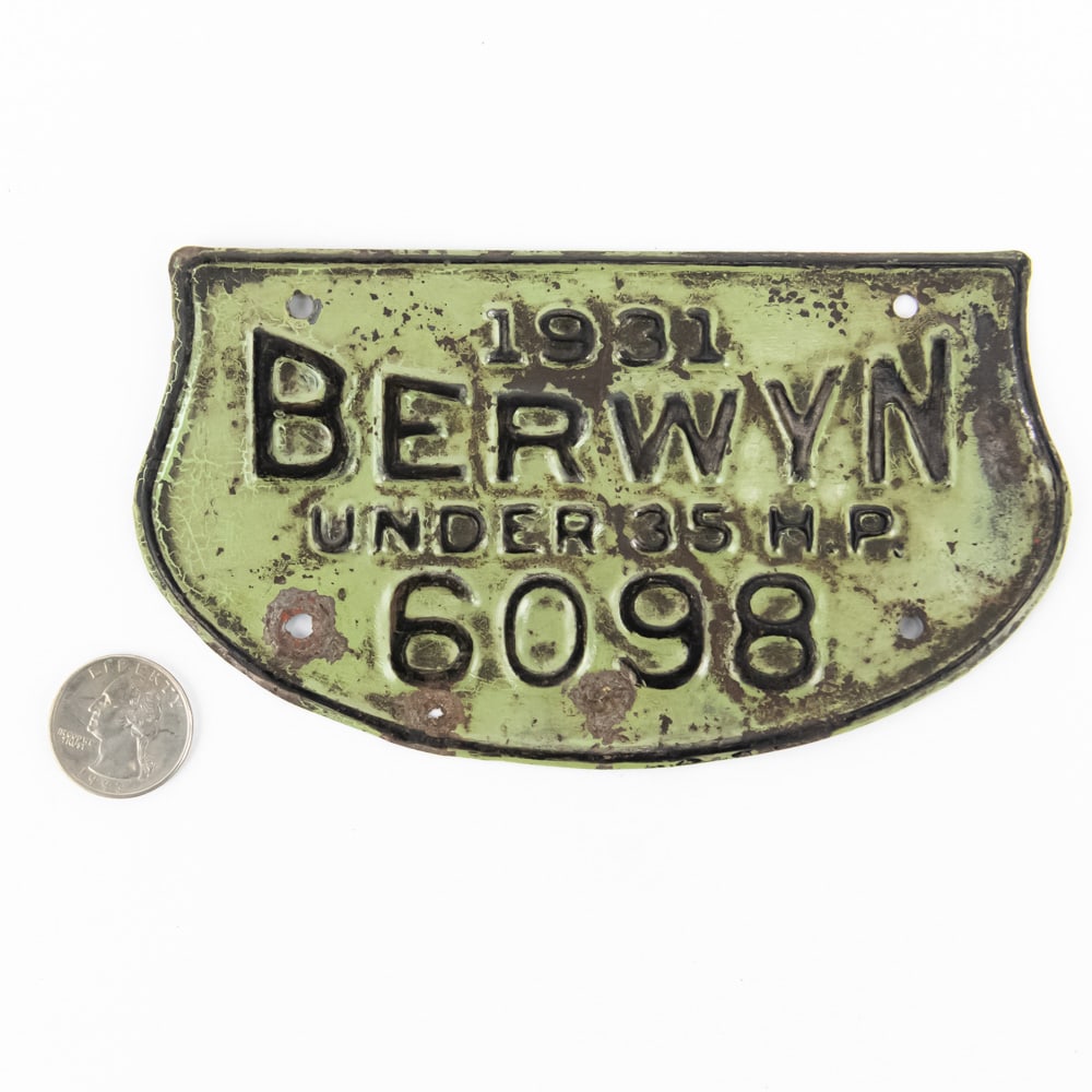 Berwyn Illinois 1931 Vehicle Tax Tag: # 6098 in fair original condition with paint loss and a small hole under th 6. See pics. From the Jim Dvorak collection.