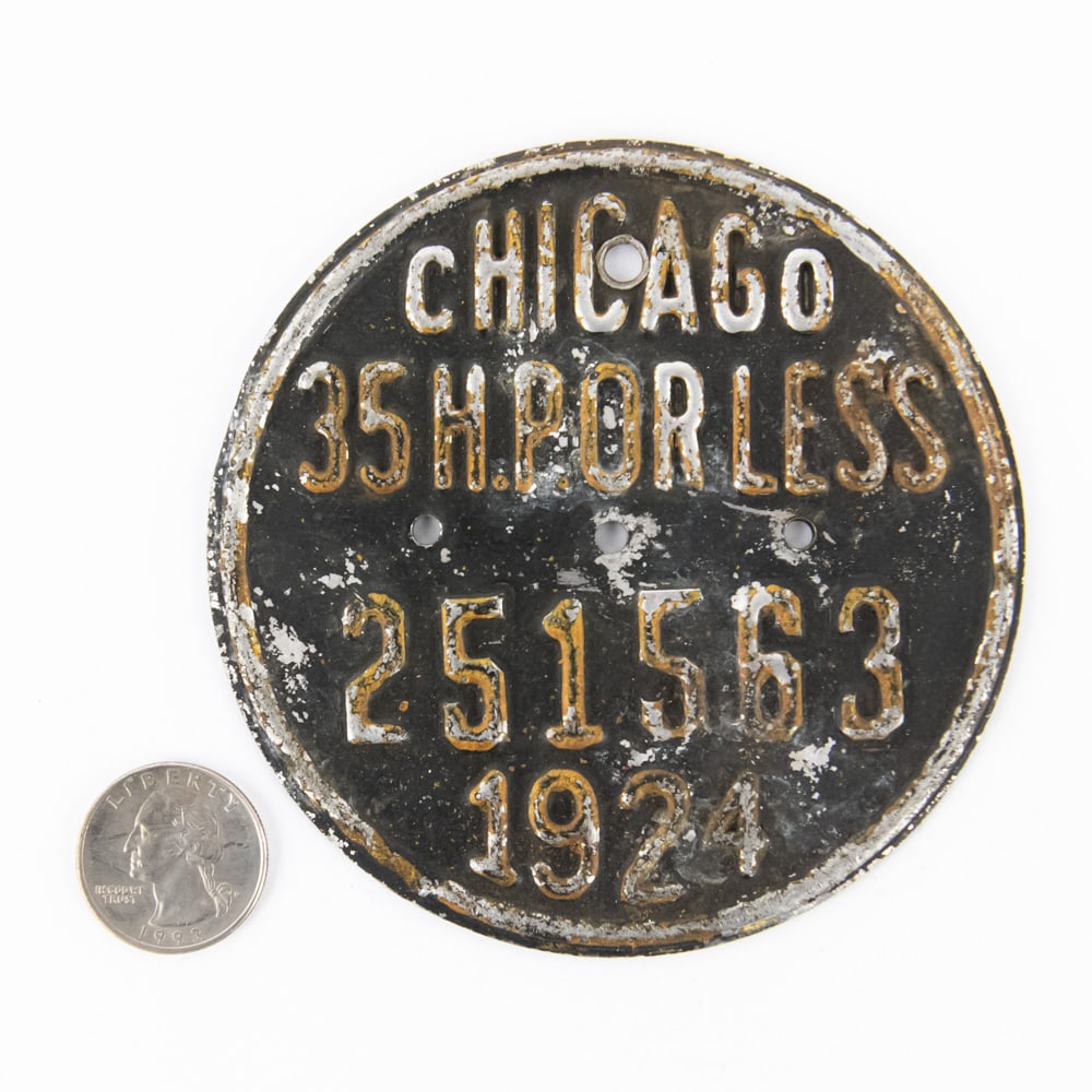 Chicago Illinois 1924 Vehicle Tax Tag: # 251563 aluminum tag in good+ original condition with some paint loss. See pics. From the Jim Dvorak collection.