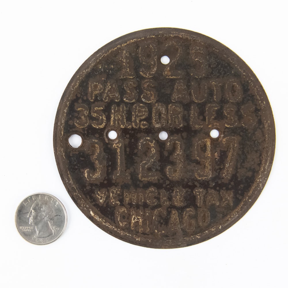 Chicago Illinois 1925 Vehicle Tax Tag: # 312397 in fair condition with paint fade, surface rust, and an extra drilled hole on the left. See pics. From the Jim Dvorak collection.